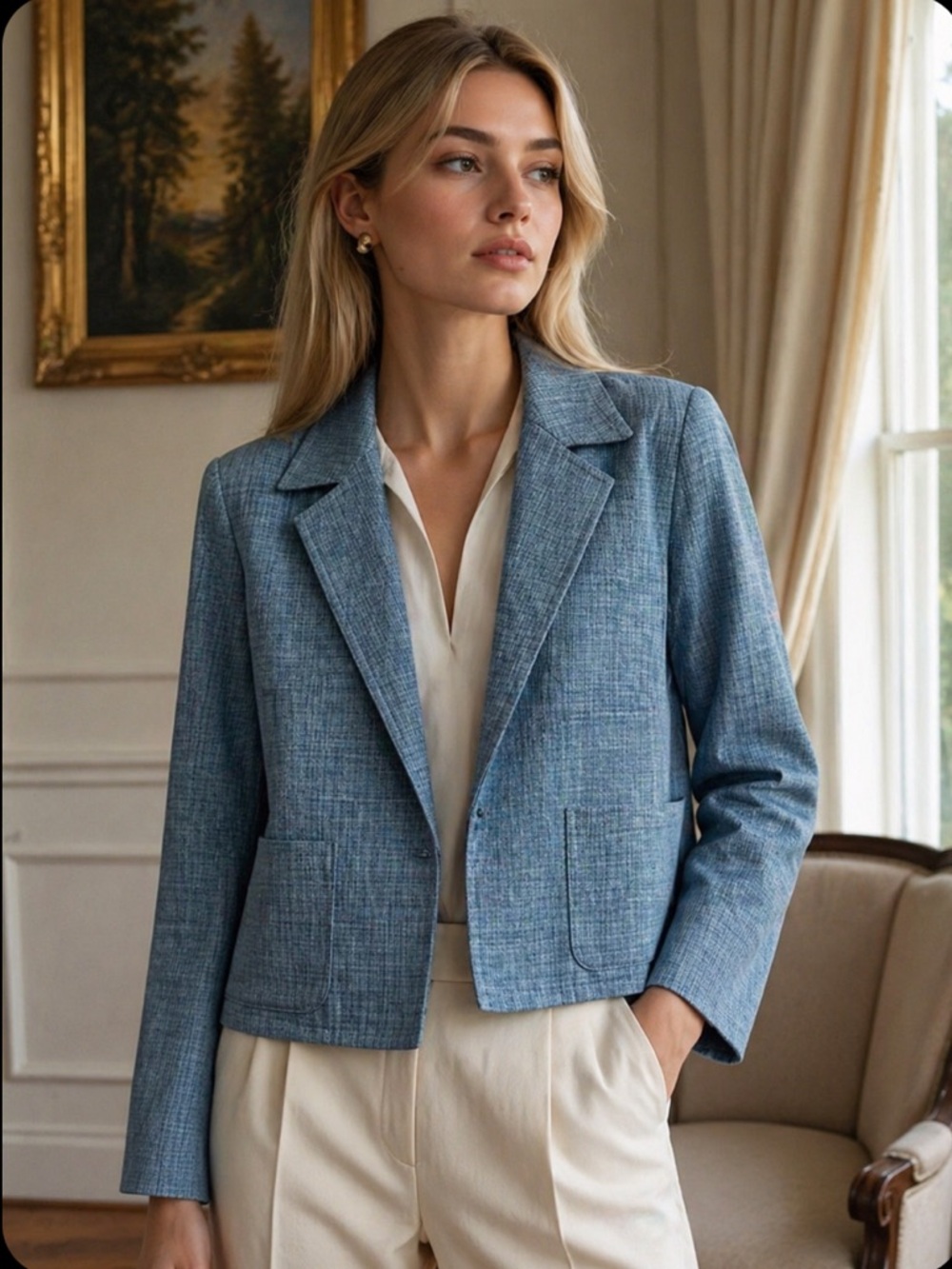 Jones New York Blue Textured Cropped Blazer Jacket Size 16 Viscose Cupro Blend